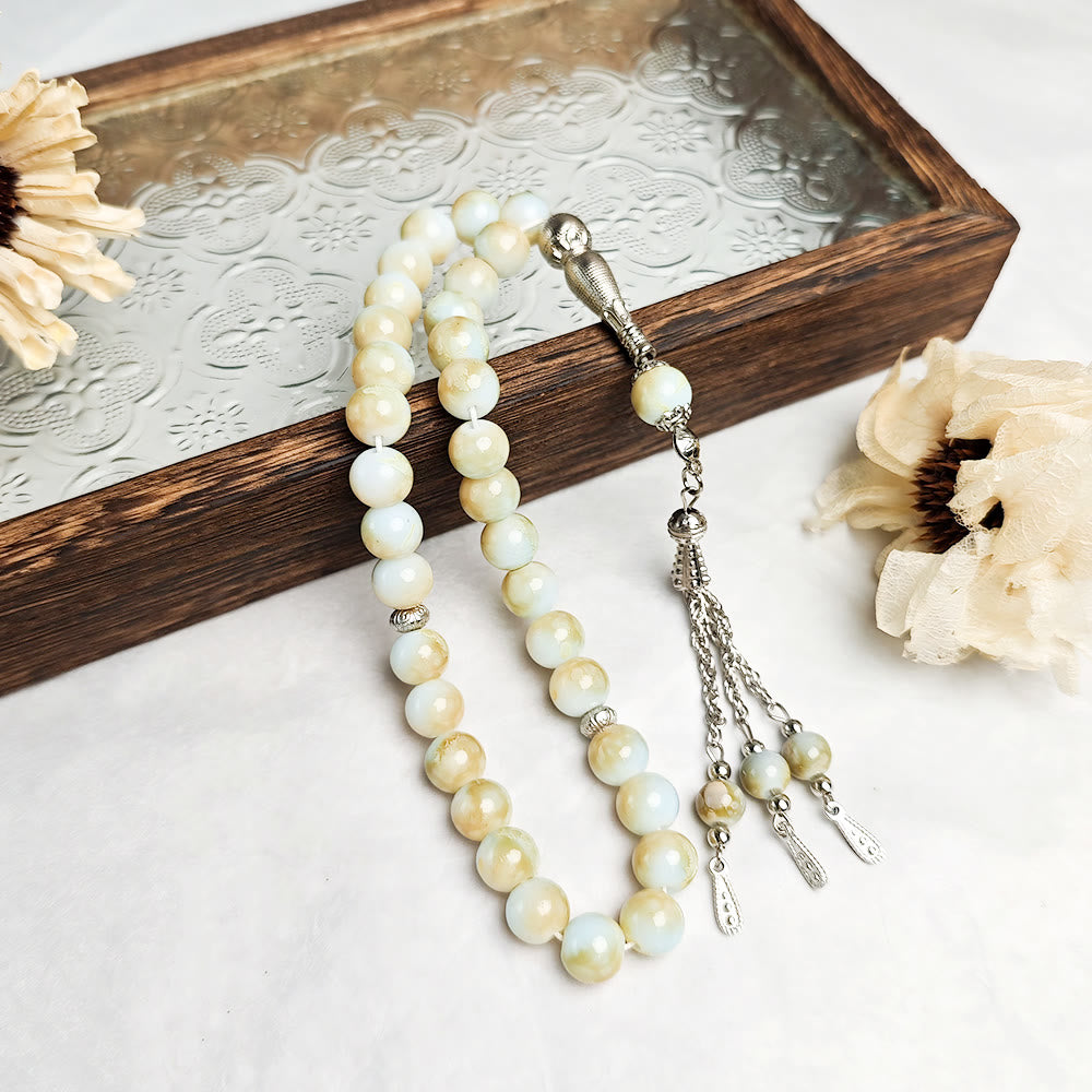 HilalHaven 10mm Round Multicolor Glass 33 Beads Tasbih——Handcrafted Cultural Prayer Beads - Light Blue with Grey Floral - image 11