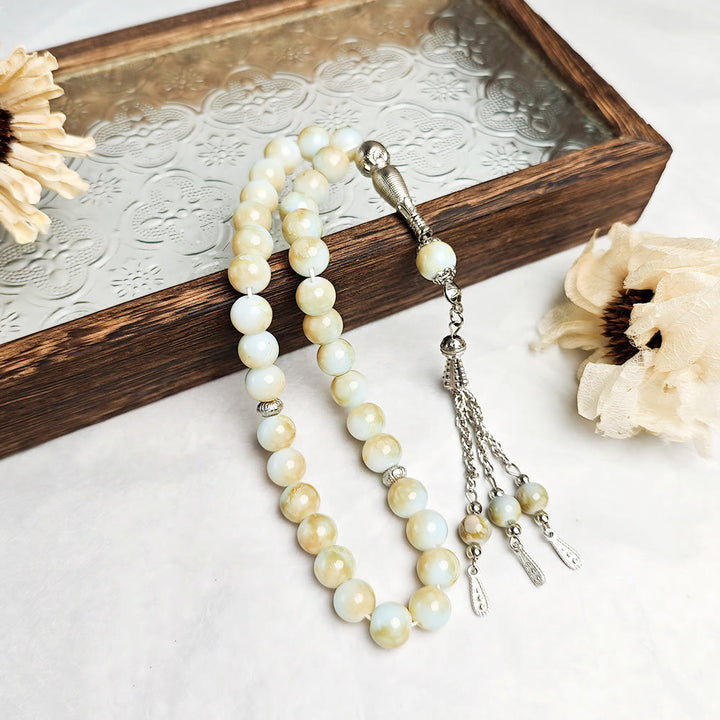 HilalHaven 10mm Round Multicolor Glass 33 Beads Tasbih——Handcrafted Cultural Prayer Beads - Light Blue with Grey Floral - image 11