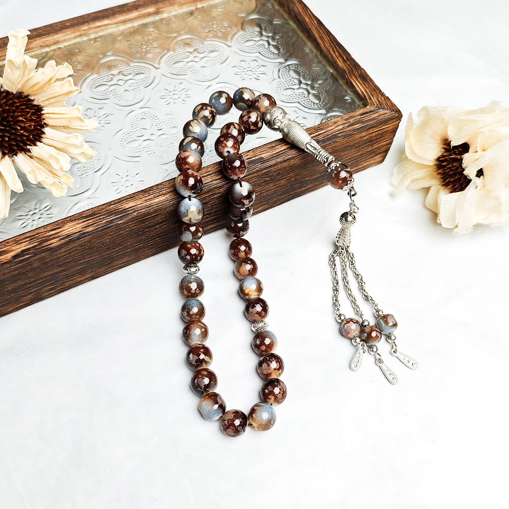 HilalHaven 10mm Round Multicolor Glass 33 Beads Tasbih——Handcrafted Cultural Prayer Beads - Grey with Dark Red Accent - image 10