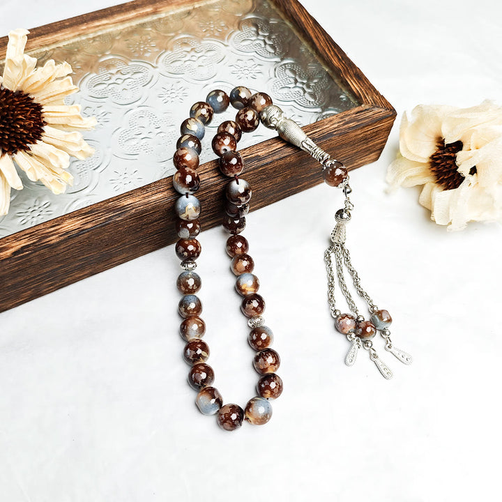 HilalHaven 10mm Round Multicolor Glass 33 Beads Tasbih——Handcrafted Cultural Prayer Beads - Grey with Dark Red Accent - image 10