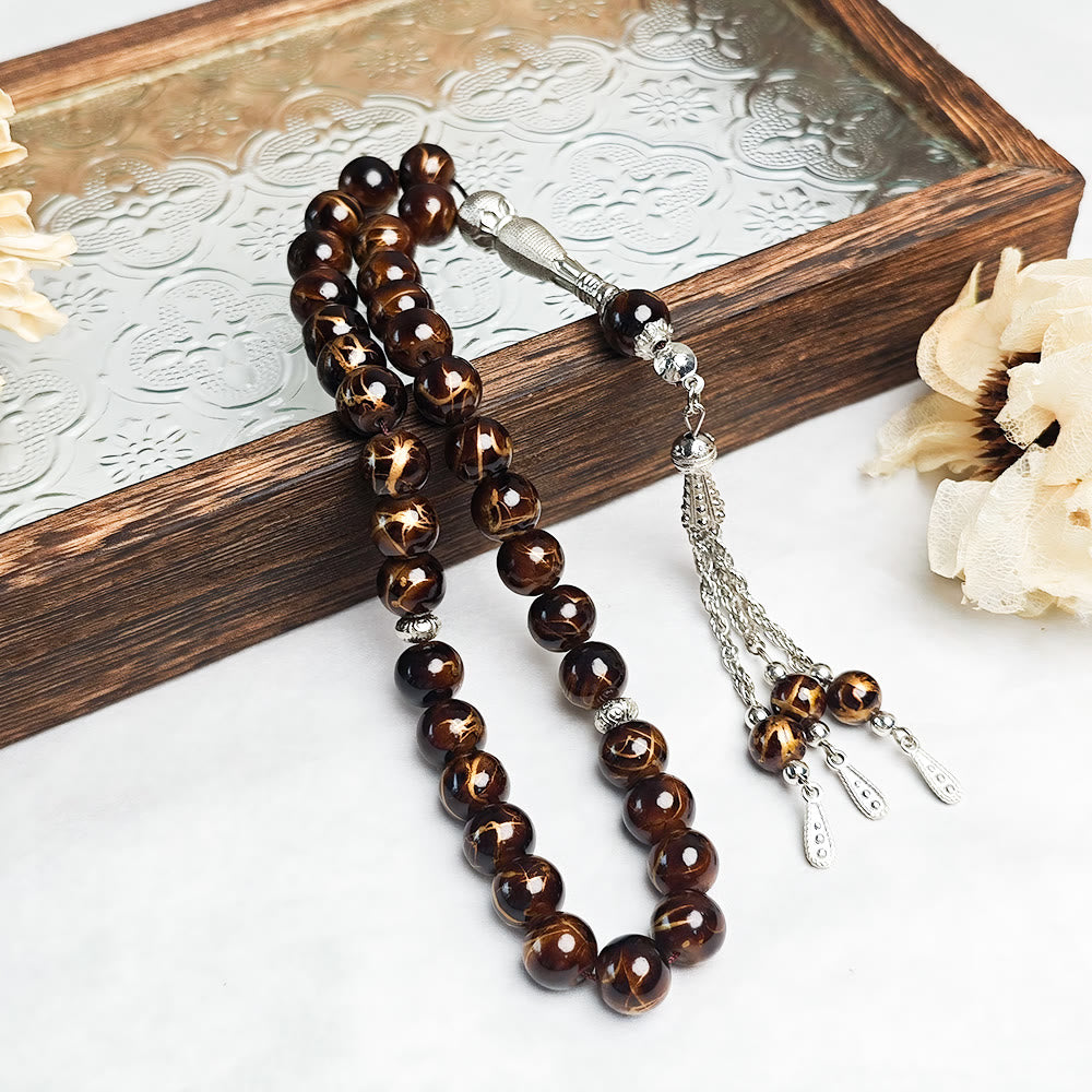 HilalHaven 10mm Round Multicolor Glass 33 Beads Tasbih——Handcrafted Cultural Prayer Beads - Coffee Floral - image 2