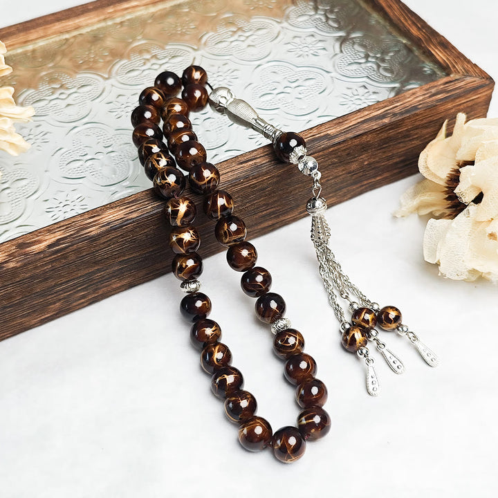HilalHaven 10mm Round Multicolor Glass 33 Beads Tasbih——Handcrafted Cultural Prayer Beads - Coffee Floral - image 2