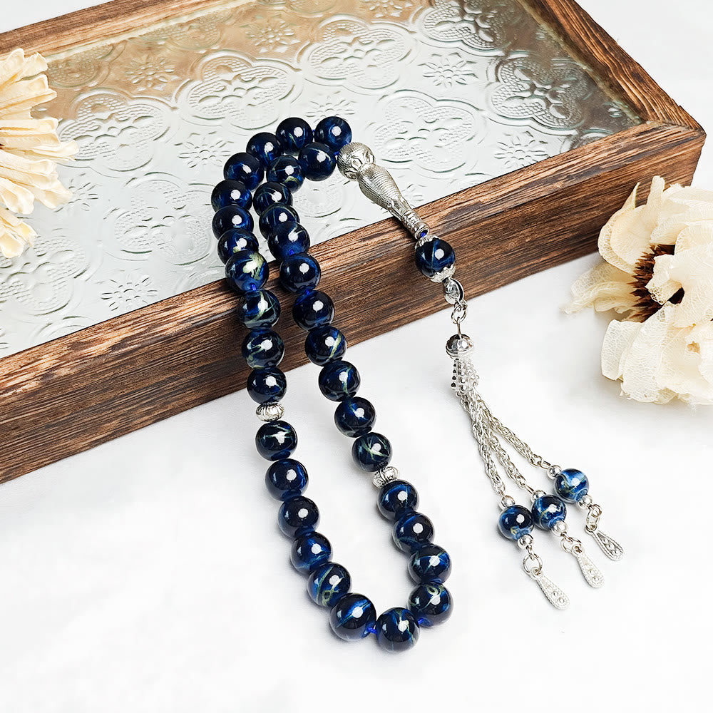 HilalHaven 10mm Round Multicolor Glass 33 Beads Tasbih——Handcrafted Cultural Prayer Beads - Navy Blue Floral - image 6