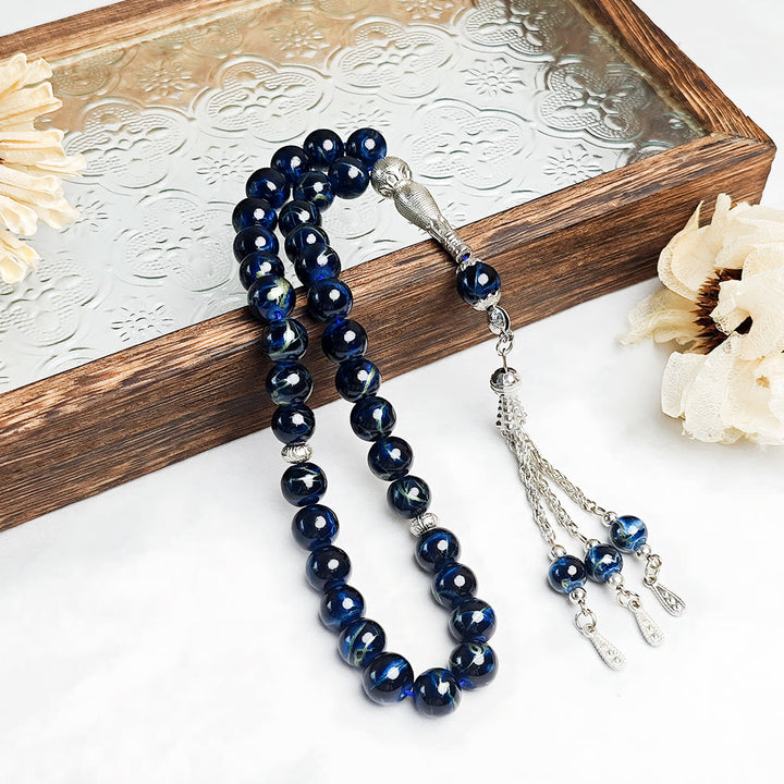HilalHaven 10mm Round Multicolor Glass 33 Beads Tasbih——Handcrafted Cultural Prayer Beads - Navy Blue Floral - image 6