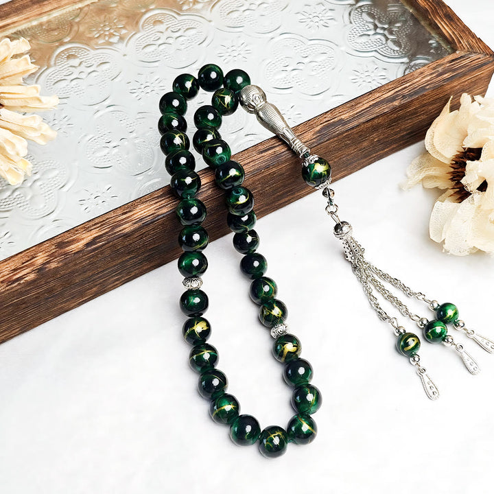 HilalHaven 10mm Round Multicolor Glass 33 Beads Tasbih——Handcrafted Cultural Prayer Beads - Dark Green Floral - image 3