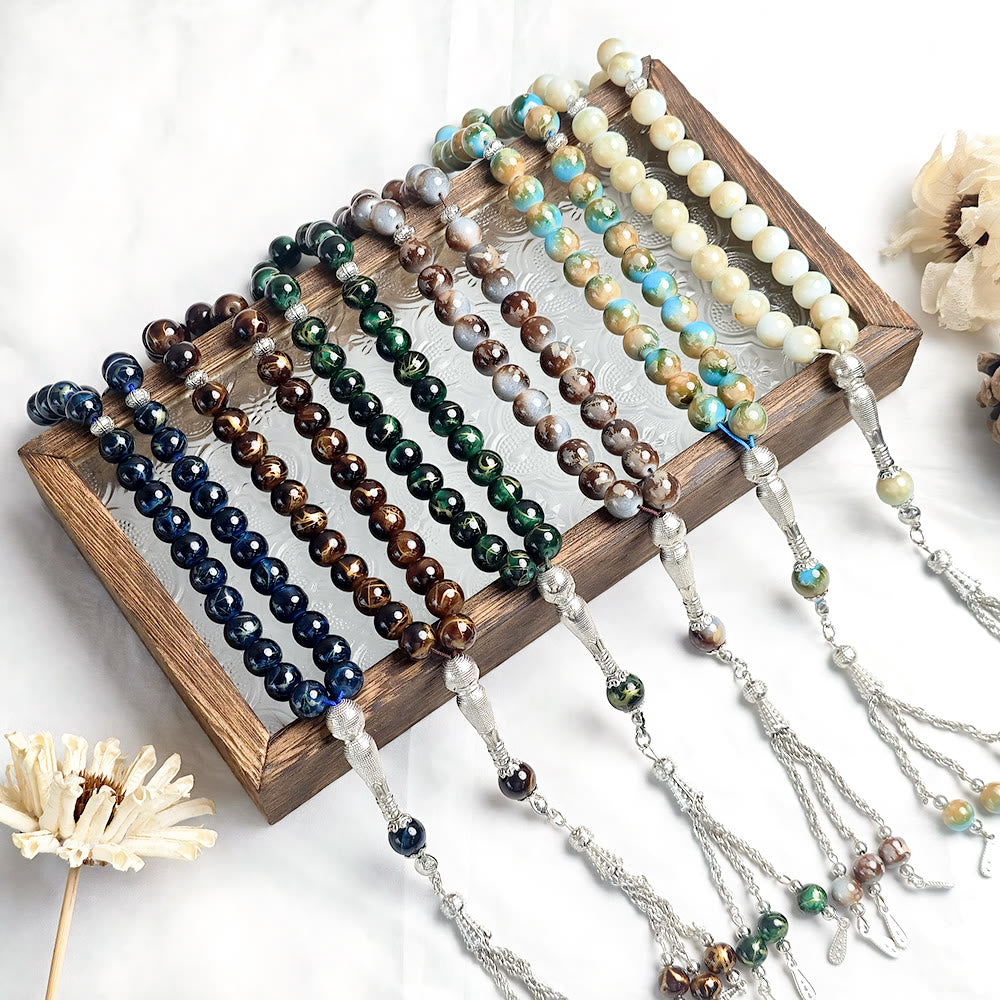 HilalHaven 10mm Round Multicolor Glass 33 Beads Tasbih——Handcrafted Cultural Prayer Beads - image 0