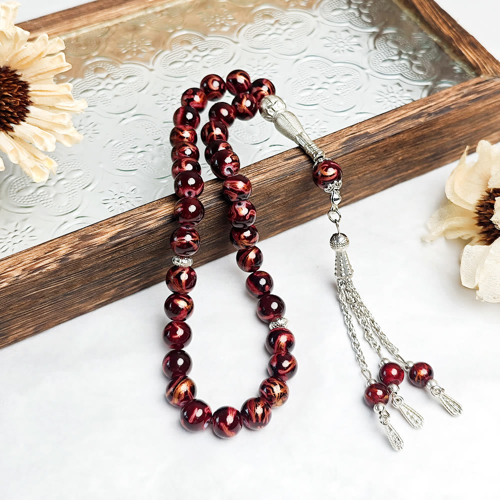 HilalHaven 10mm Round Multicolor Glass 33 Beads Tasbih——Handcrafted Cultural Prayer Beads - Red Floral - image 4