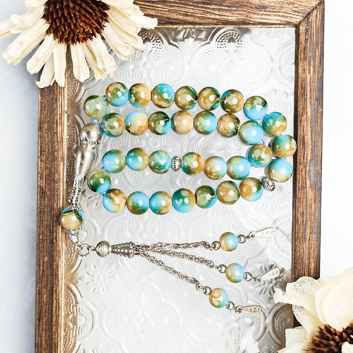 HilalHaven 10mm Round Multicolor Glass 33 Beads Tasbih——Handcrafted Cultural Prayer Beads - Navy Blue with Grey Floral - image 7