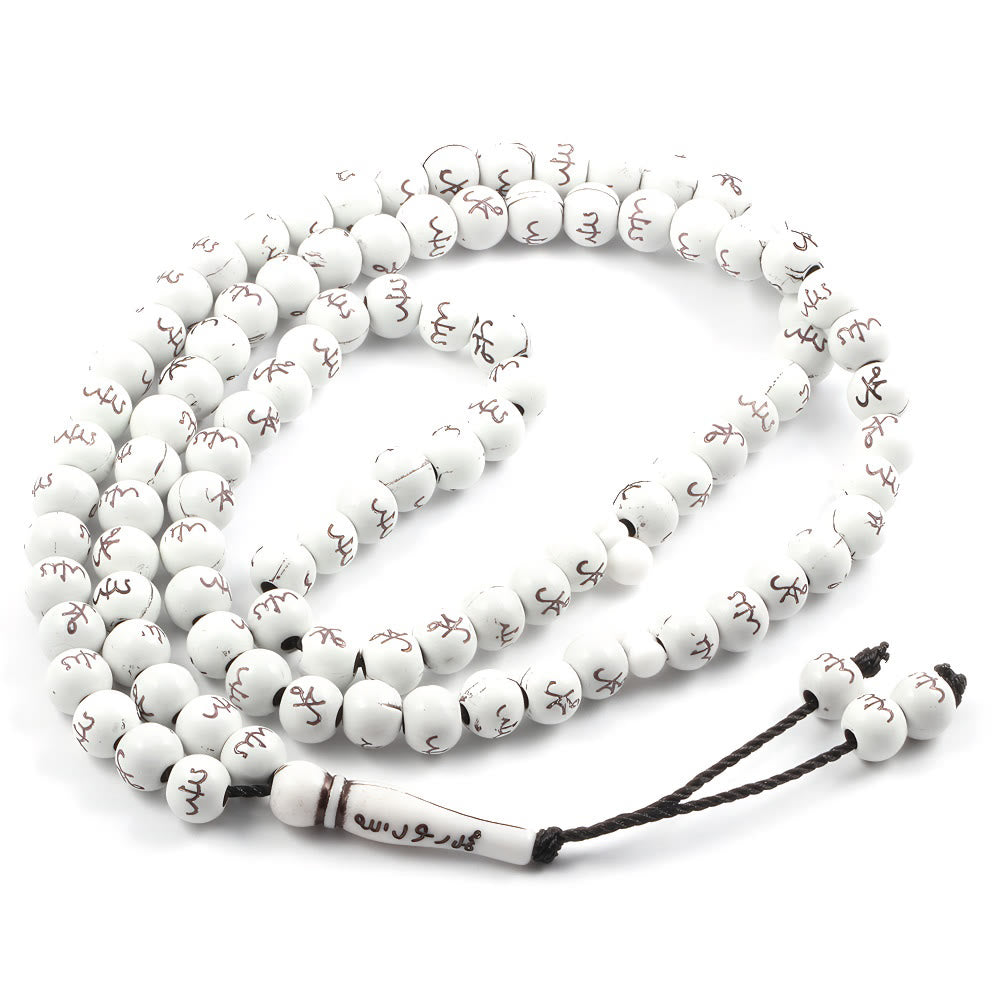 HilalHaven 8mm Round Marbled Resin 99 Beads Tasbih — Handcrafted Arabic Calligraphy Cultural Prayer Beads - White - image 7