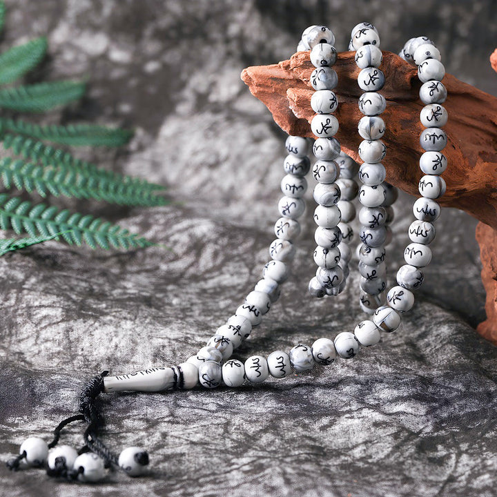 HilalHaven 8mm Round Marbled Resin 99 Beads Tasbih — Handcrafted Arabic Calligraphy Cultural Prayer Beads - Gray - image 1
