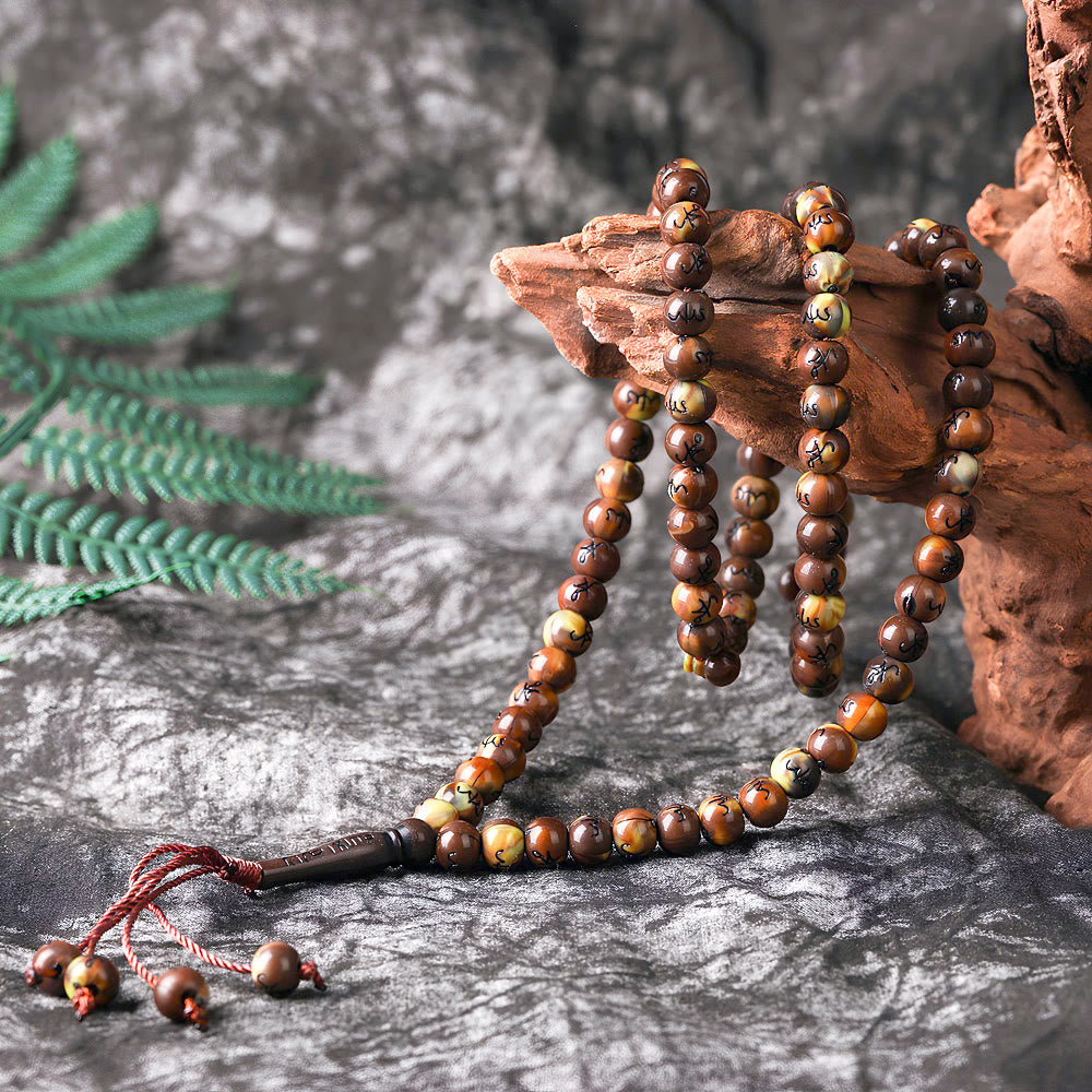 HilalHaven 8mm Round Marbled Resin 99 Beads Tasbih — Handcrafted Arabic Calligraphy Cultural Prayer Beads - Brown - image 4