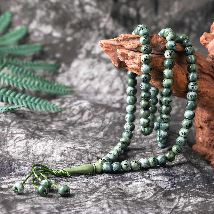 HilalHaven 8mm Round Marbled Resin 99 Beads Tasbih — Handcrafted Arabic Calligraphy Cultural Prayer Beads - Green - image 3