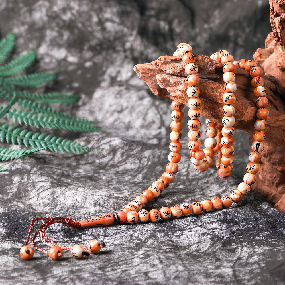 HilalHaven 8mm Round Marbled Resin 99 Beads Tasbih — Handcrafted Arabic Calligraphy Cultural Prayer Beads - Tangerine - image 2