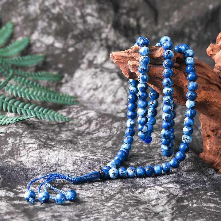 HilalHaven 8mm Round Marbled Resin 99 Beads Tasbih — Handcrafted Arabic Calligraphy Cultural Prayer Beads - Blue - image 5