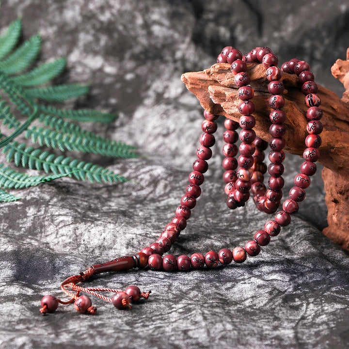 HilalHaven 8mm Round Marbled Resin 99 Beads Tasbih — Handcrafted Arabic Calligraphy Cultural Prayer Beads - Jujube Red - image 6