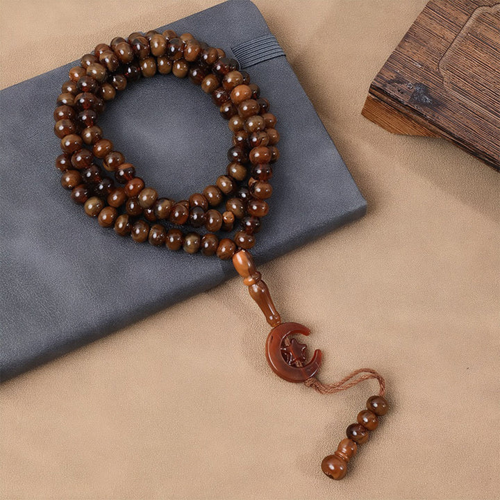 HilalHaven 99-Bead Crescent Moon Tasbih——Hand Polished Islamic Prayer Beads - Brown - image 5