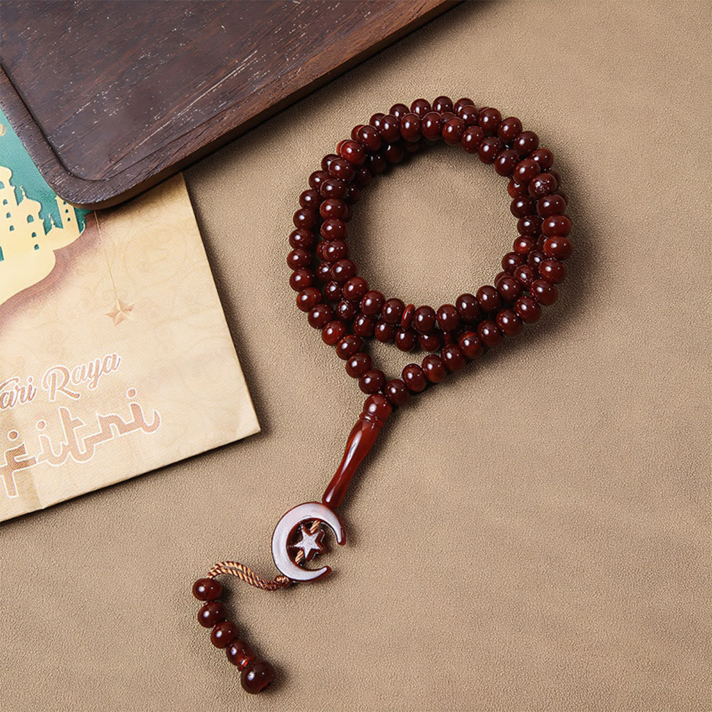 HilalHaven 99-Bead Crescent Moon Tasbih——Hand Polished Islamic Prayer Beads - Reddish Brown - image 6