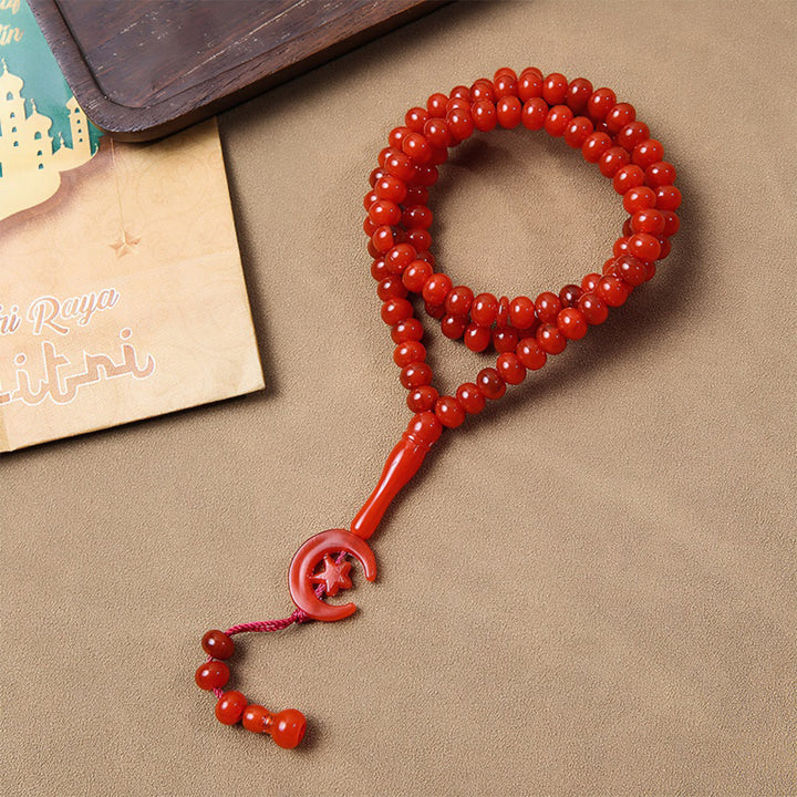 HilalHaven 99-Bead Crescent Moon Tasbih——Hand Polished Islamic Prayer Beads - Red - image 9