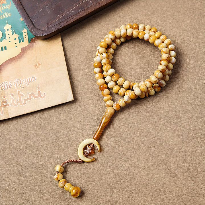 HilalHaven 99-Bead Crescent Moon Tasbih——Hand Polished Islamic Prayer Beads - Dark Yellow - image 0