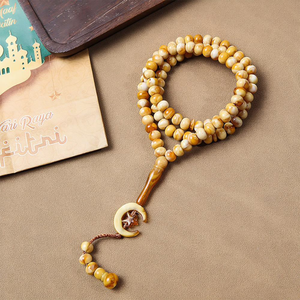 HilalHaven 99-Bead Crescent Moon Tasbih——Hand Polished Islamic Prayer Beads - Dark Yellow - image 0