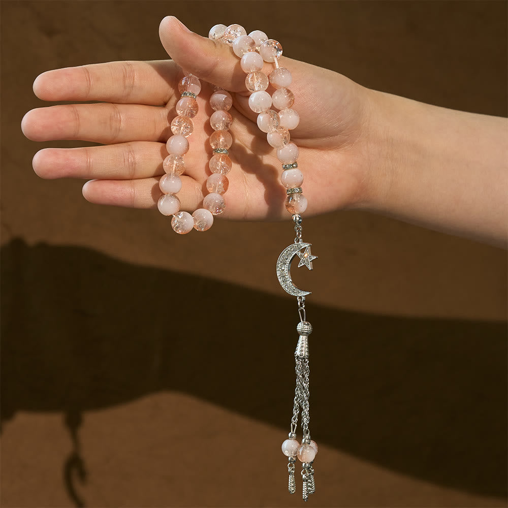 HilalHaven 10mm Round Ice-Crack Glass 33 Beads Tasbih — Handcrafted Cultural Prayer Beads with Moon Star Tassel - image 14