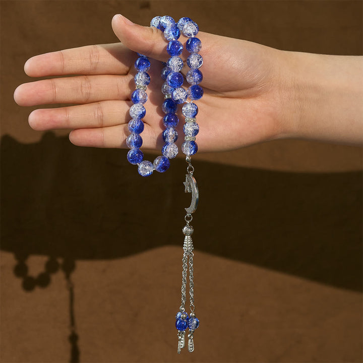 HilalHaven 10mm Round Ice-Crack Glass 33 Beads Tasbih — Handcrafted Cultural Prayer Beads with Moon Star Tassel - image 8