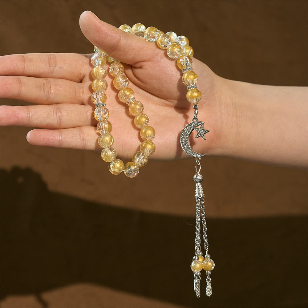 HilalHaven 10mm Round Ice-Crack Glass 33 Beads Tasbih — Handcrafted Cultural Prayer Beads with Moon Star Tassel - image 11