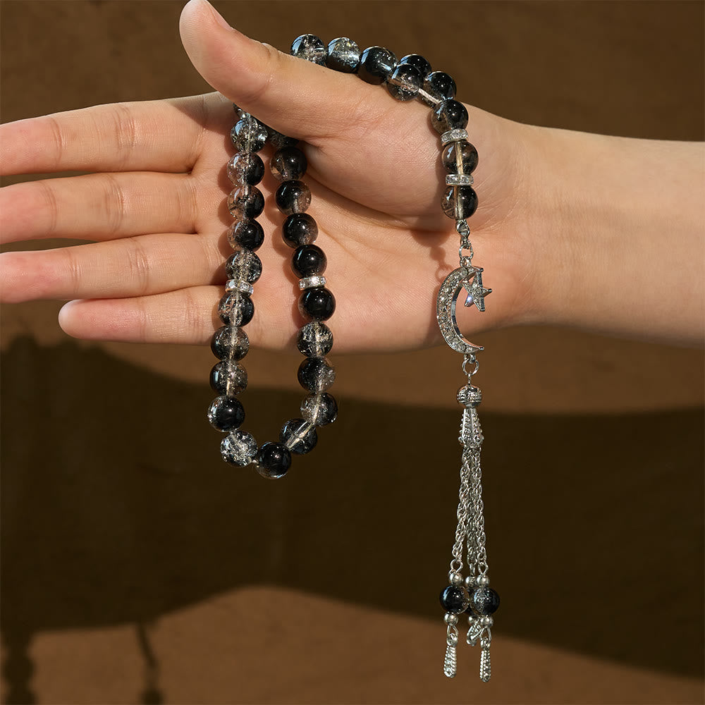 HilalHaven 10mm Round Ice-Crack Glass 33 Beads Tasbih — Handcrafted Cultural Prayer Beads with Moon Star Tassel - image 17