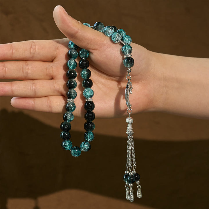 HilalHaven 10mm Round Ice-Crack Glass 33 Beads Tasbih — Handcrafted Cultural Prayer Beads with Moon Star Tassel - image 2