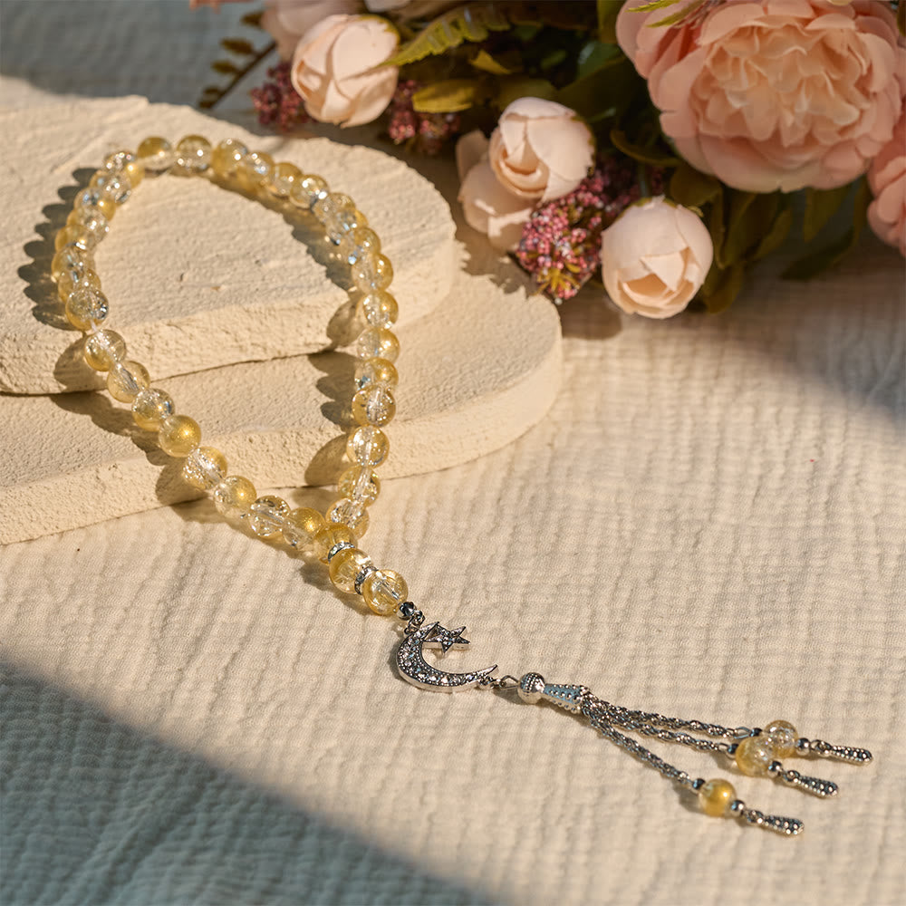 HilalHaven 10mm Round Ice-Crack Glass 33 Beads Tasbih — Handcrafted Cultural Prayer Beads with Moon Star Tassel - Yellow - image 9