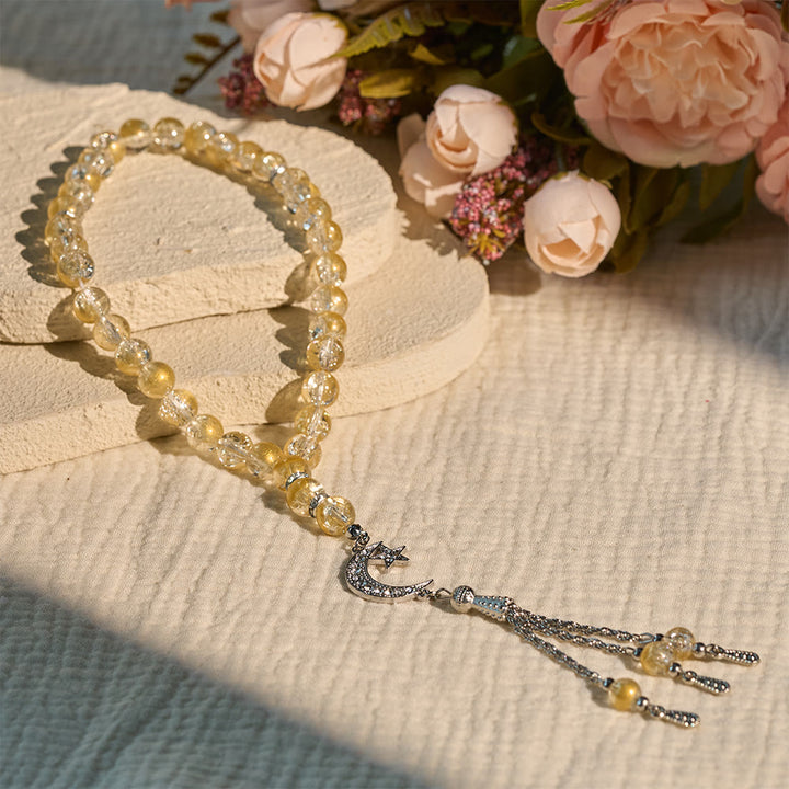 HilalHaven 10mm Round Ice-Crack Glass 33 Beads Tasbih — Handcrafted Cultural Prayer Beads with Moon Star Tassel - Yellow - image 9