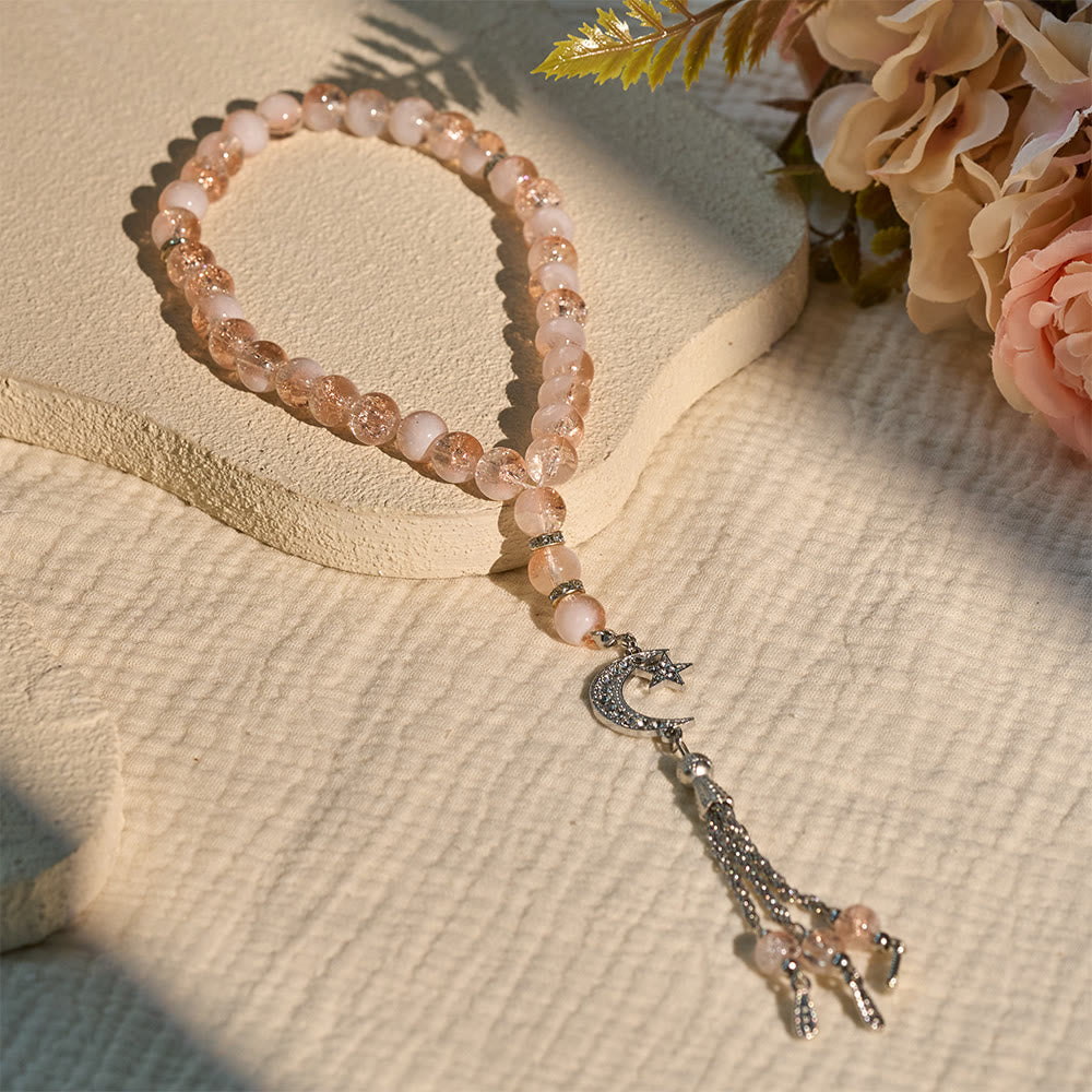 HilalHaven 10mm Round Ice-Crack Glass 33 Beads Tasbih — Handcrafted Cultural Prayer Beads with Moon Star Tassel - Pink - image 12