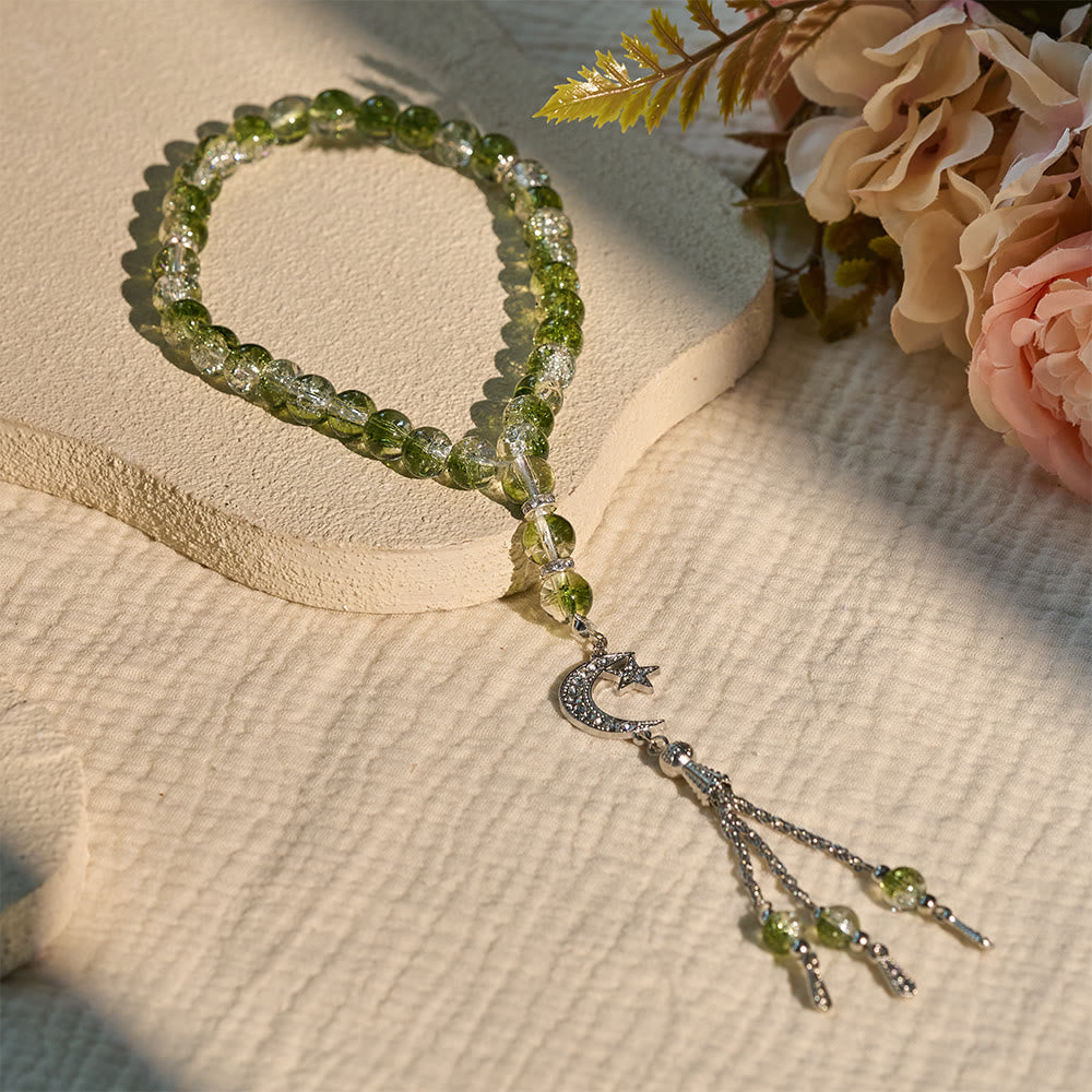 HilalHaven 10mm Round Ice-Crack Glass 33 Beads Tasbih — Handcrafted Cultural Prayer Beads with Moon Star Tassel - Green - image 18