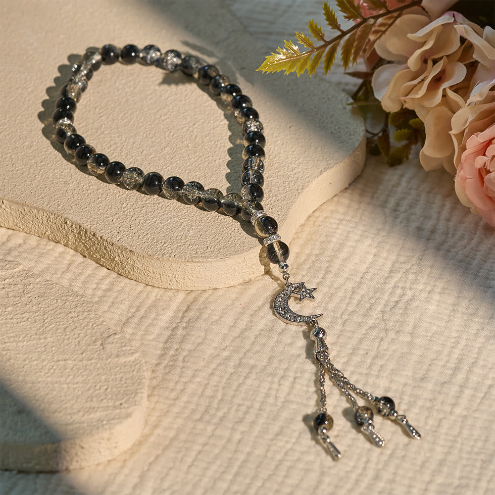HilalHaven 10mm Round Ice-Crack Glass 33 Beads Tasbih — Handcrafted Cultural Prayer Beads with Moon Star Tassel - Black - image 15