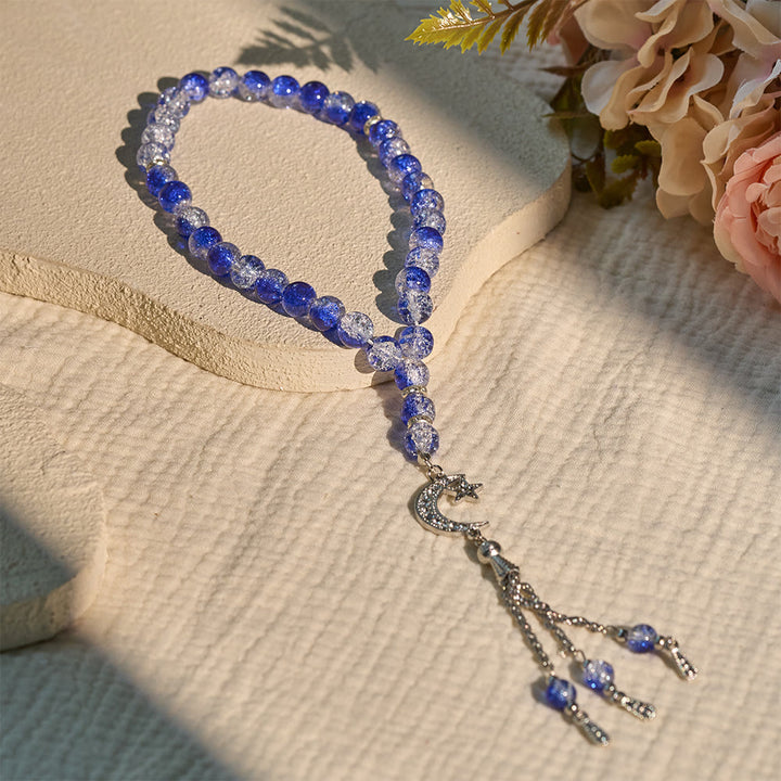HilalHaven 10mm Round Ice-Crack Glass 33 Beads Tasbih — Handcrafted Cultural Prayer Beads with Moon Star Tassel - Blue - image 6