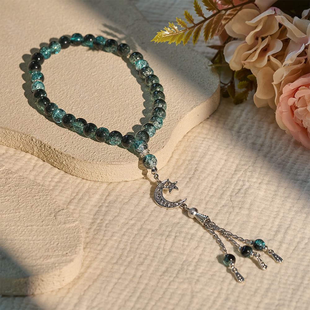 HilalHaven 10mm Round Ice-Crack Glass 33 Beads Tasbih — Handcrafted Cultural Prayer Beads with Moon Star Tassel - Green Black - image 0