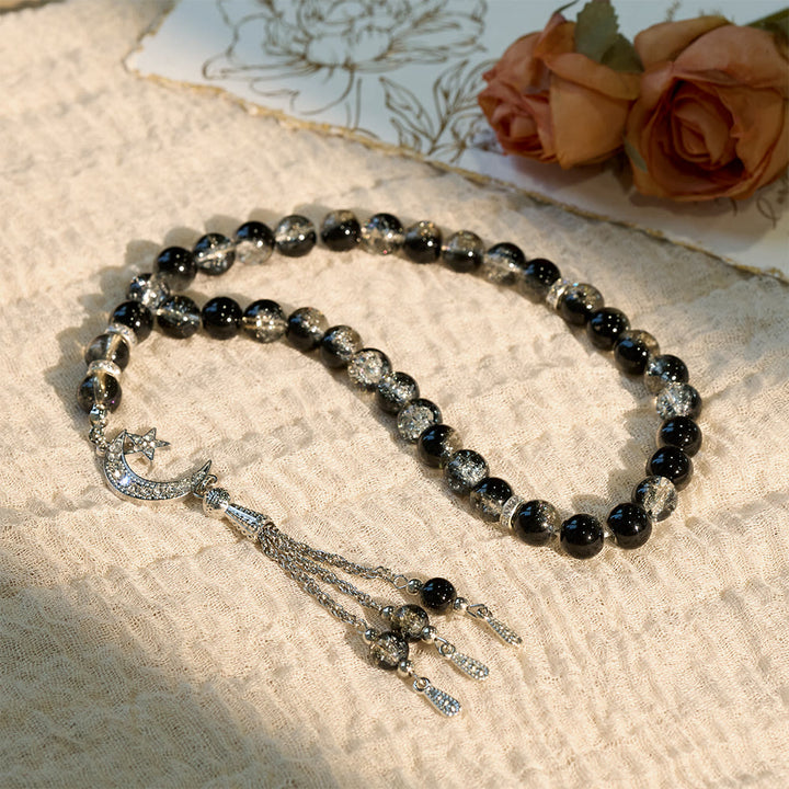 HilalHaven 10mm Round Ice-Crack Glass 33 Beads Tasbih — Handcrafted Cultural Prayer Beads with Moon Star Tassel - image 16