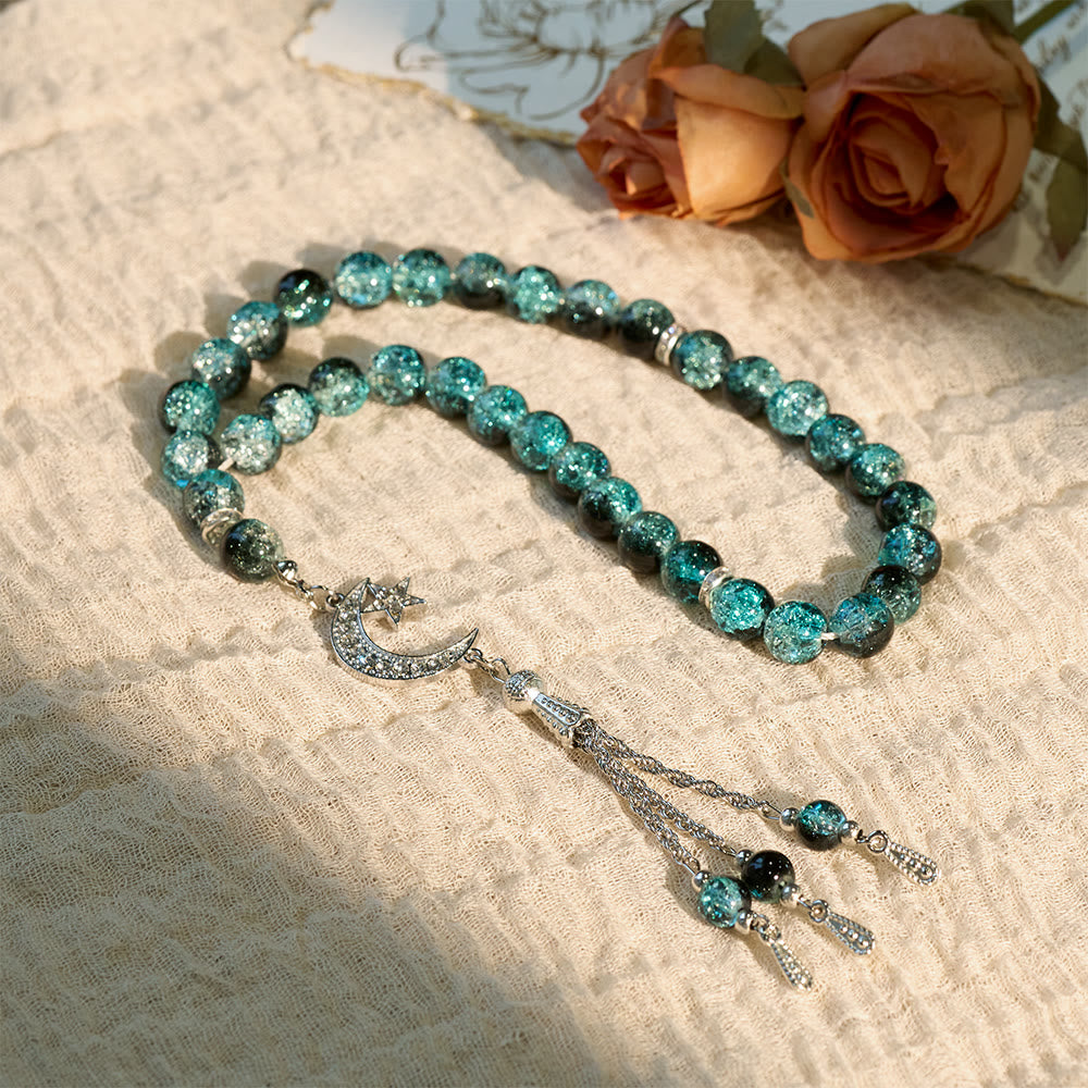 HilalHaven 10mm Round Ice-Crack Glass 33 Beads Tasbih — Handcrafted Cultural Prayer Beads with Moon Star Tassel - image 1