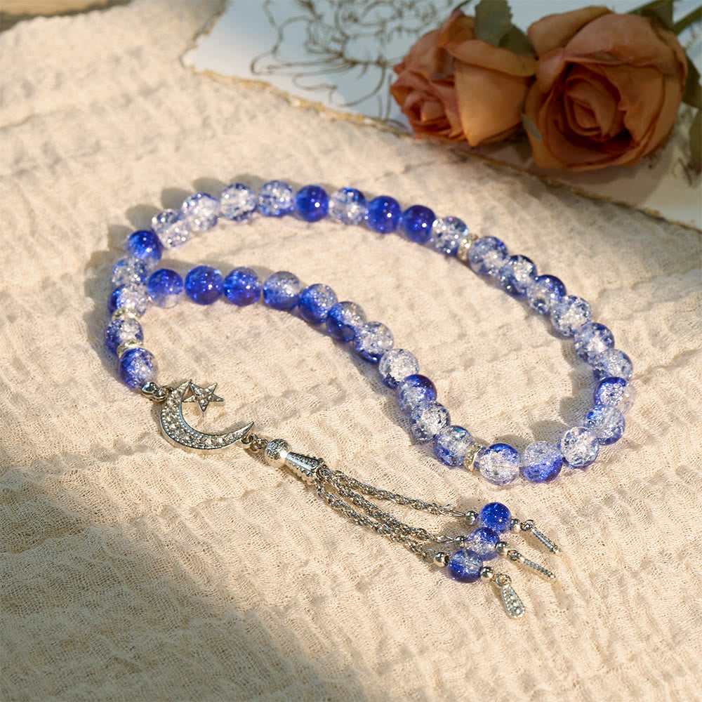 HilalHaven 10mm Round Ice-Crack Glass 33 Beads Tasbih — Handcrafted Cultural Prayer Beads with Moon Star Tassel - image 7