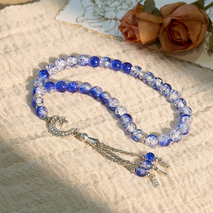 HilalHaven 10mm Round Ice-Crack Glass 33 Beads Tasbih — Handcrafted Cultural Prayer Beads with Moon Star Tassel - image 7