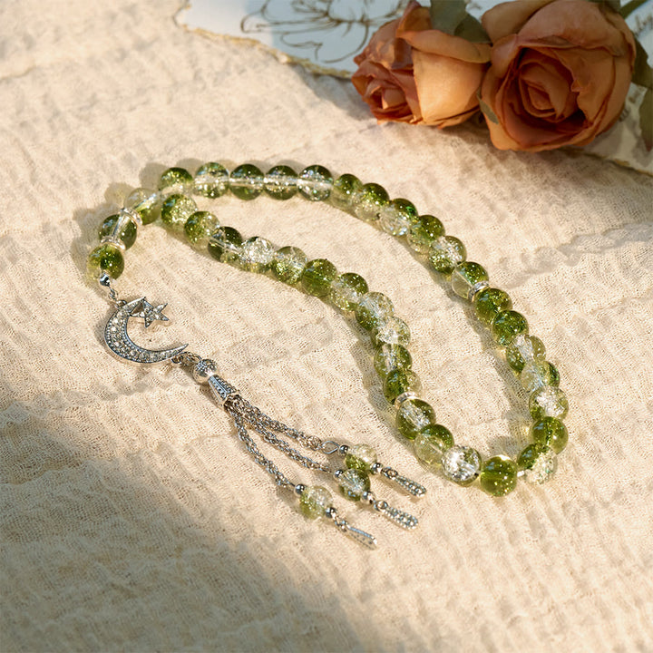 HilalHaven 10mm Round Ice-Crack Glass 33 Beads Tasbih — Handcrafted Cultural Prayer Beads with Moon Star Tassel - image 19