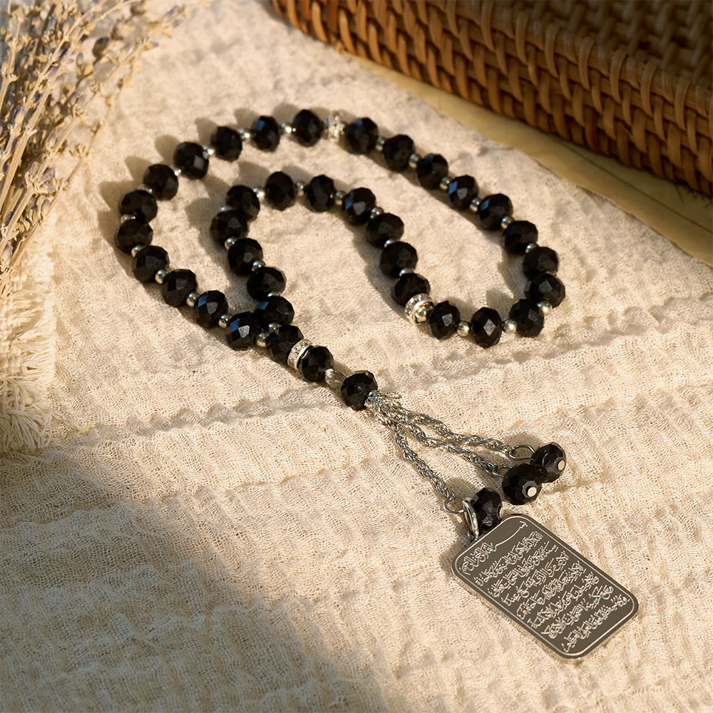 HilalHaven Faceted Glass 33 Beads Tasbih with Stainless Steel Ayatul Kursi Pendant —  Handcrafted Cultural Prayer Beads - Black Beads with Silver-Toned Pendant - image 0