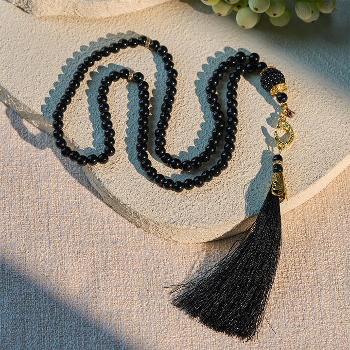 HilalHaven 6mm Round Faux Pearl Glass Tasbih with Tassel — Handcrafted Modern Minimalist Islamic Prayer Beads - Black - image 19