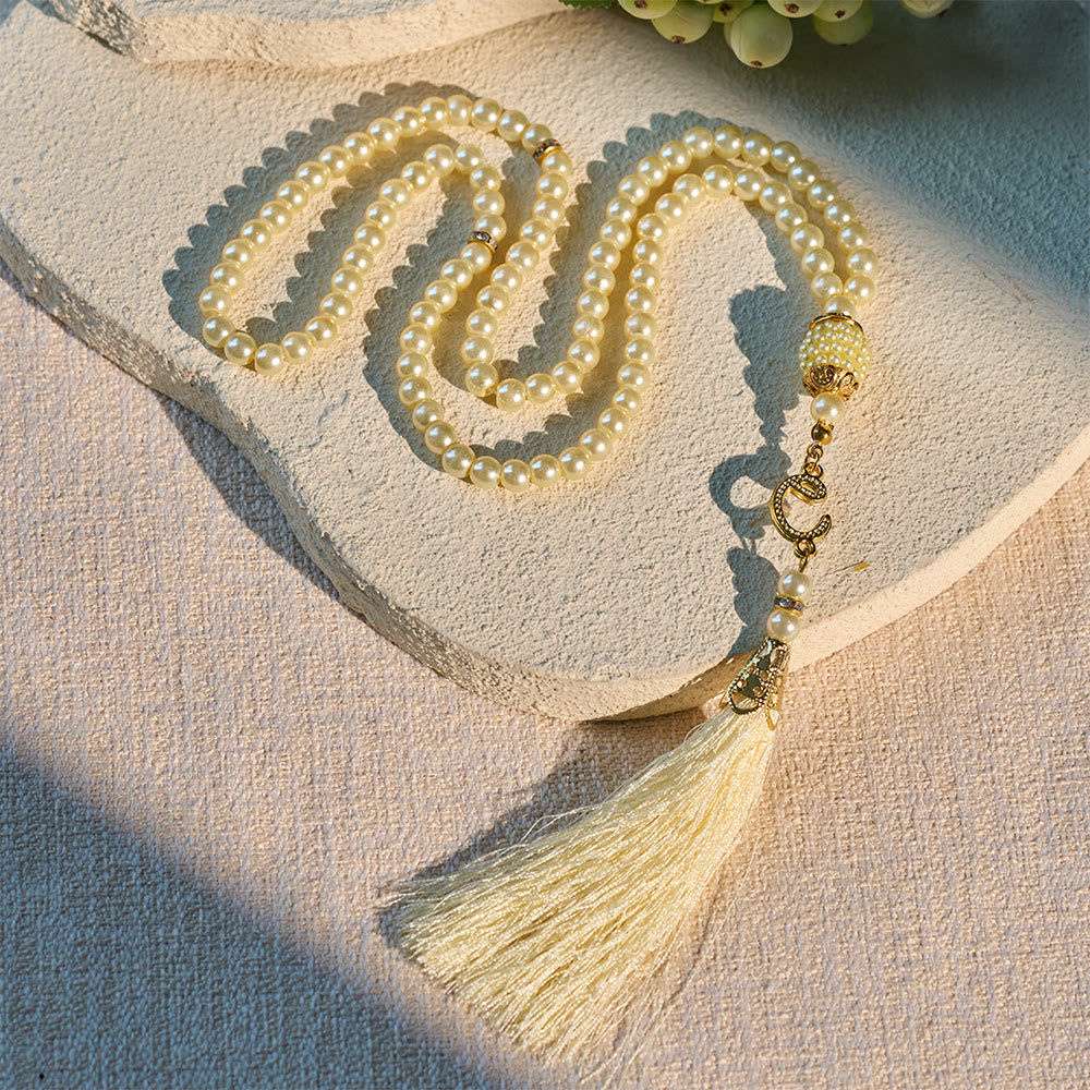 HilalHaven 6mm Round Faux Pearl Glass Tasbih with Tassel — Handcrafted Modern Minimalist Islamic Prayer Beads - Yellow - image 15