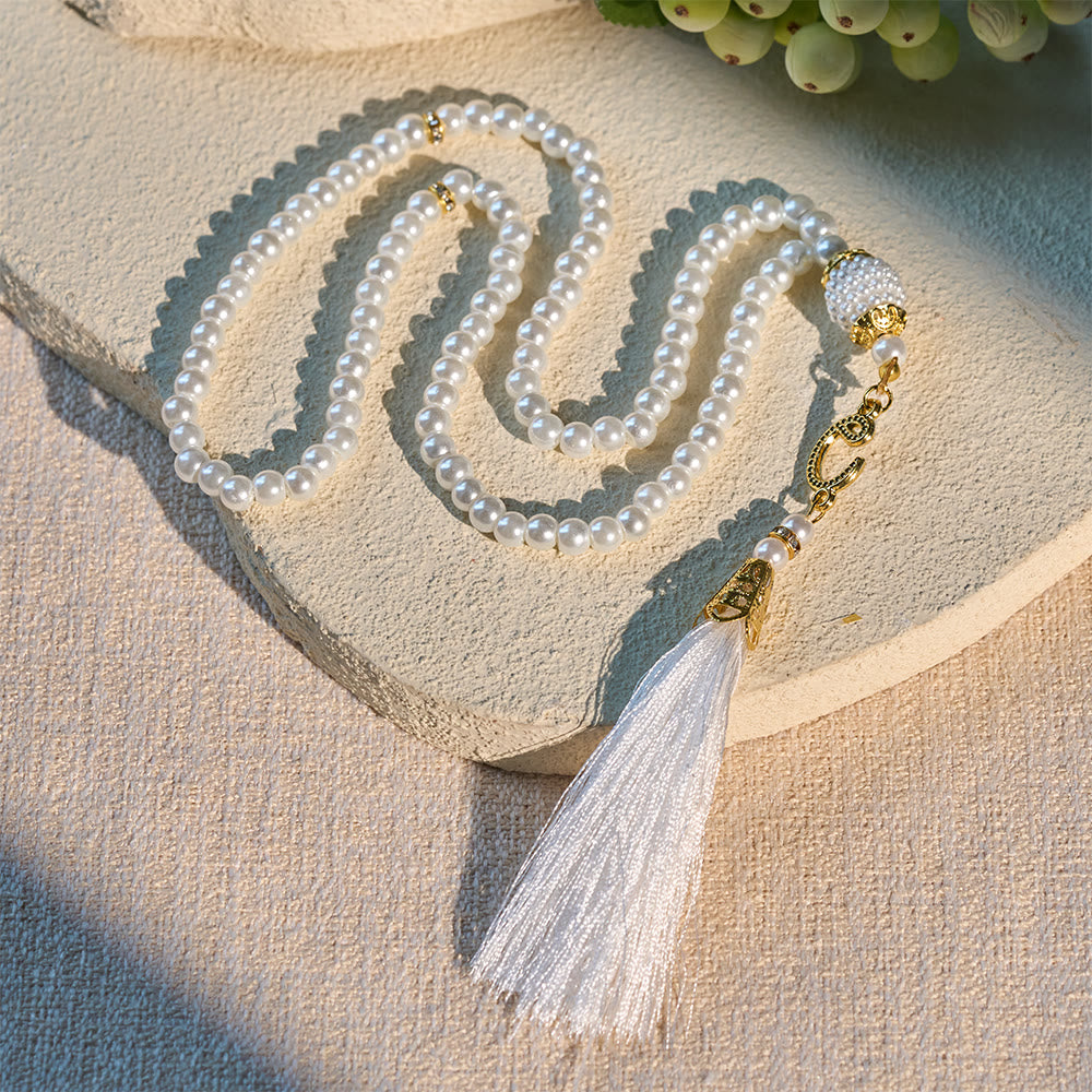HilalHaven 6mm Round Faux Pearl Glass Tasbih with Tassel — Handcrafted Modern Minimalist Islamic Prayer Beads - White - image 9
