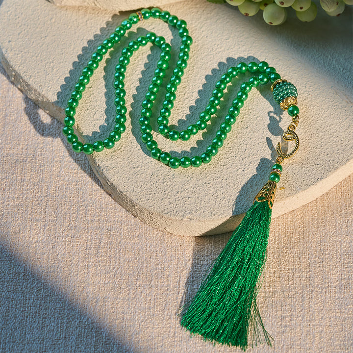 HilalHaven 6mm Round Faux Pearl Glass Tasbih with Tassel — Handcrafted Modern Minimalist Islamic Prayer Beads - Green - image 1