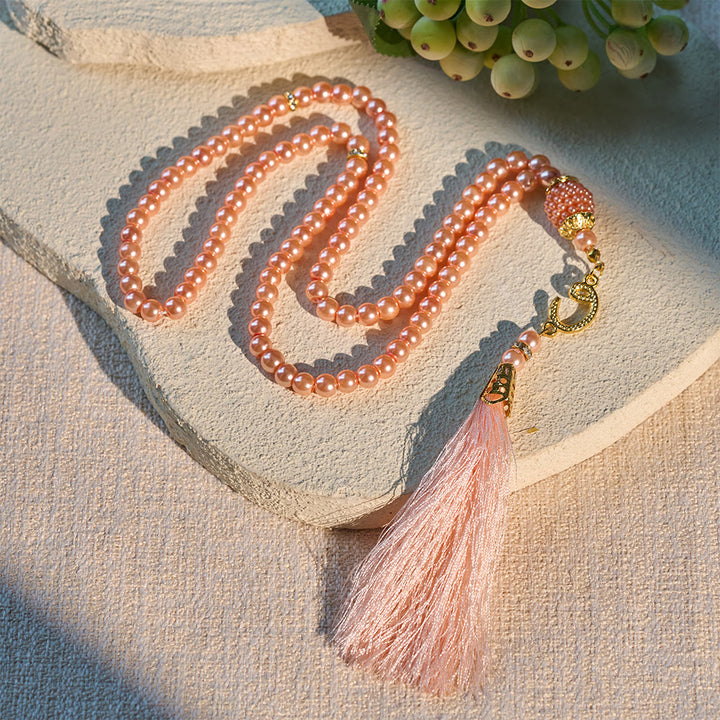 HilalHaven 6mm Round Faux Pearl Glass Tasbih with Tassel — Handcrafted Modern Minimalist Islamic Prayer Beads - Peach Oran - image 7