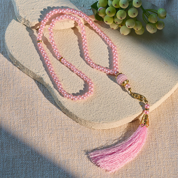 HilalHaven 6mm Round Faux Pearl Glass Tasbih with Tassel — Handcrafted Modern Minimalist Islamic Prayer Beads - Pink - image 29