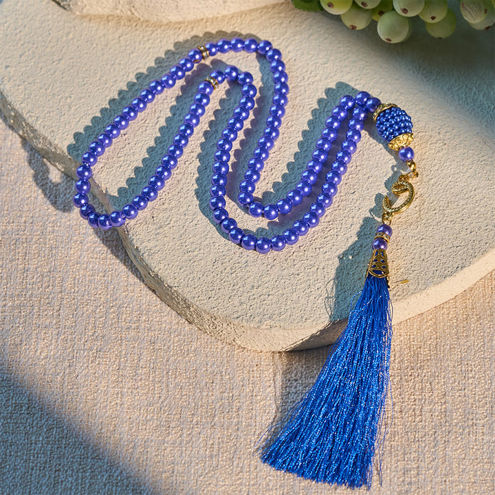 HilalHaven 6mm Round Faux Pearl Glass Tasbih with Tassel — Handcrafted Modern Minimalist Islamic Prayer Beads - Royal Blue - image 16