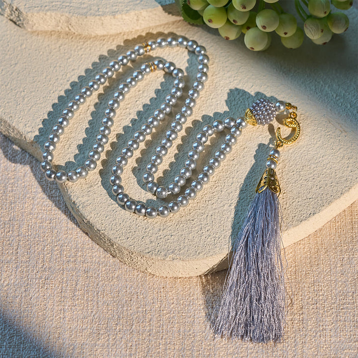 HilalHaven 6mm Round Faux Pearl Glass Tasbih with Tassel — Handcrafted Modern Minimalist Islamic Prayer Beads - Silver - image 12